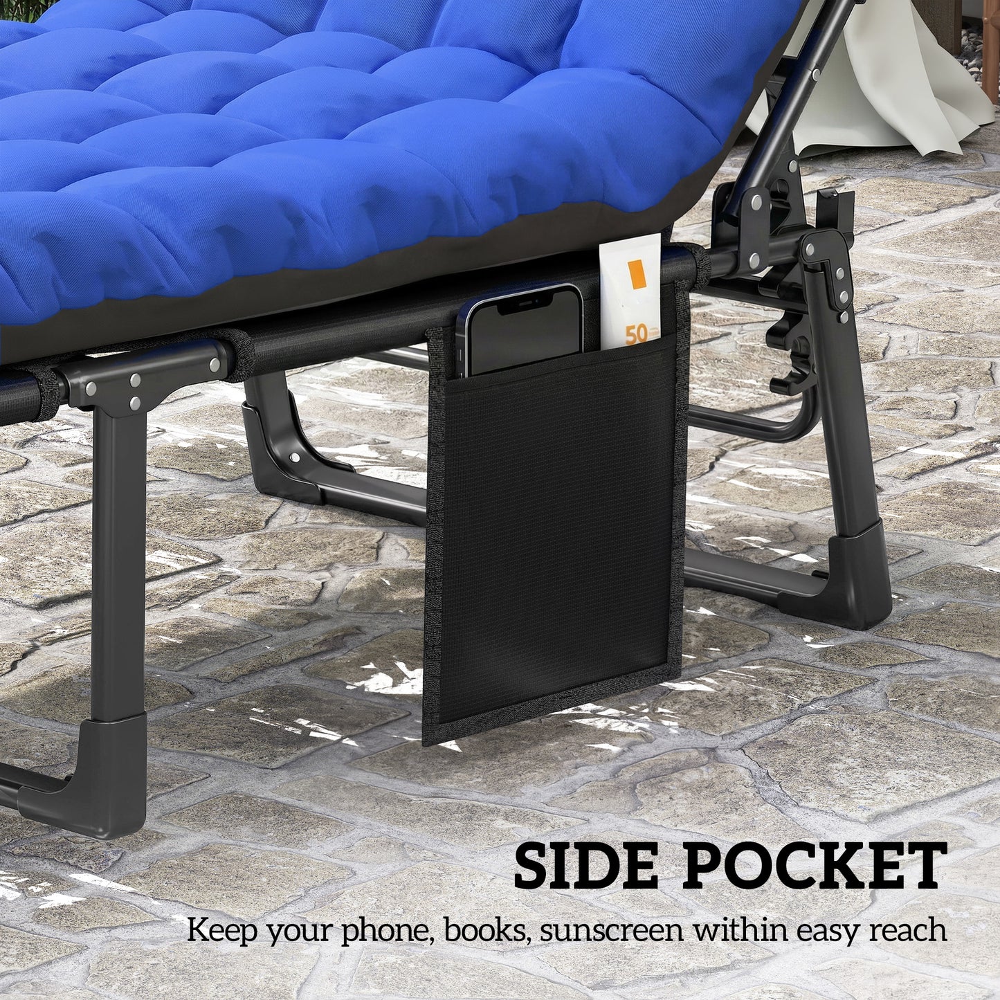 29.5" Wide Folding Chaise Lounge Chair Outdoor Tanning Chair Set of 2, Camping Cot with Cushion, Side Pocket, Grey/Blue