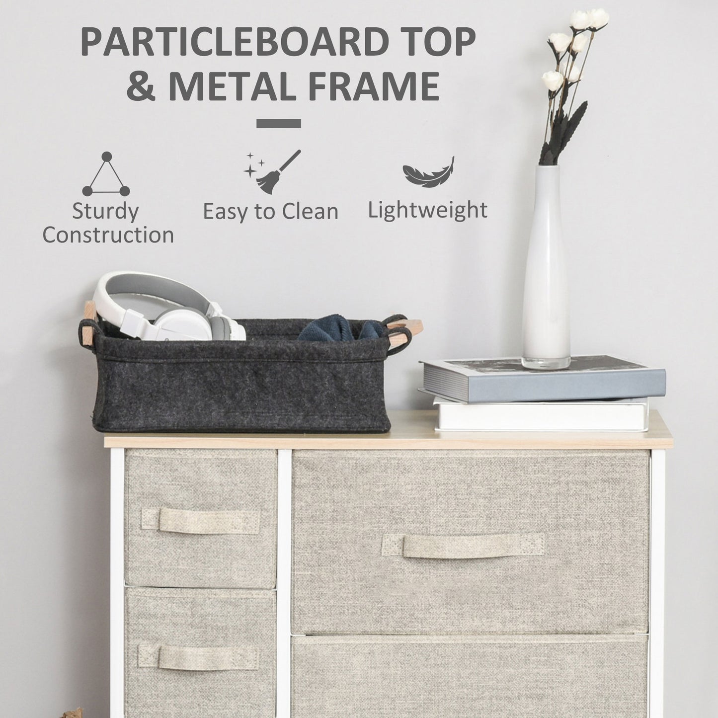 Dresser with 7 Drawers, Chest of Drawers with Metal Frame, Fabric Dresser for Living Room, Light Grey