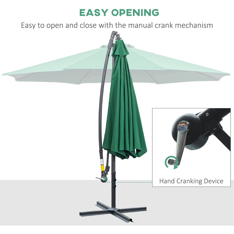 10' Dark Green Banana Offset Umbrella with Crank & Cross Base