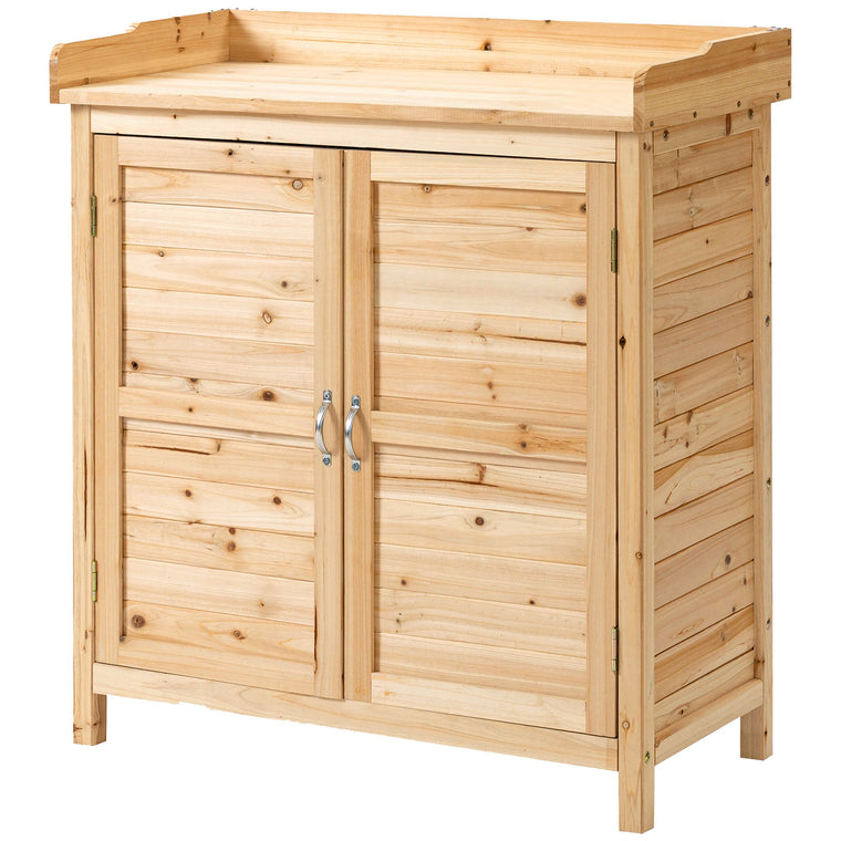 Compact Wood Potting Shed Cabinet with Shelf and Double Doors