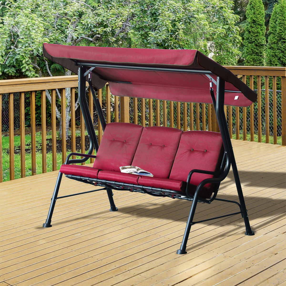 3-Person Patio Swing Chair with Canopy 3 Seater Porch Swing for Garden, Backyard, Poolside, Light Grey - Walnut