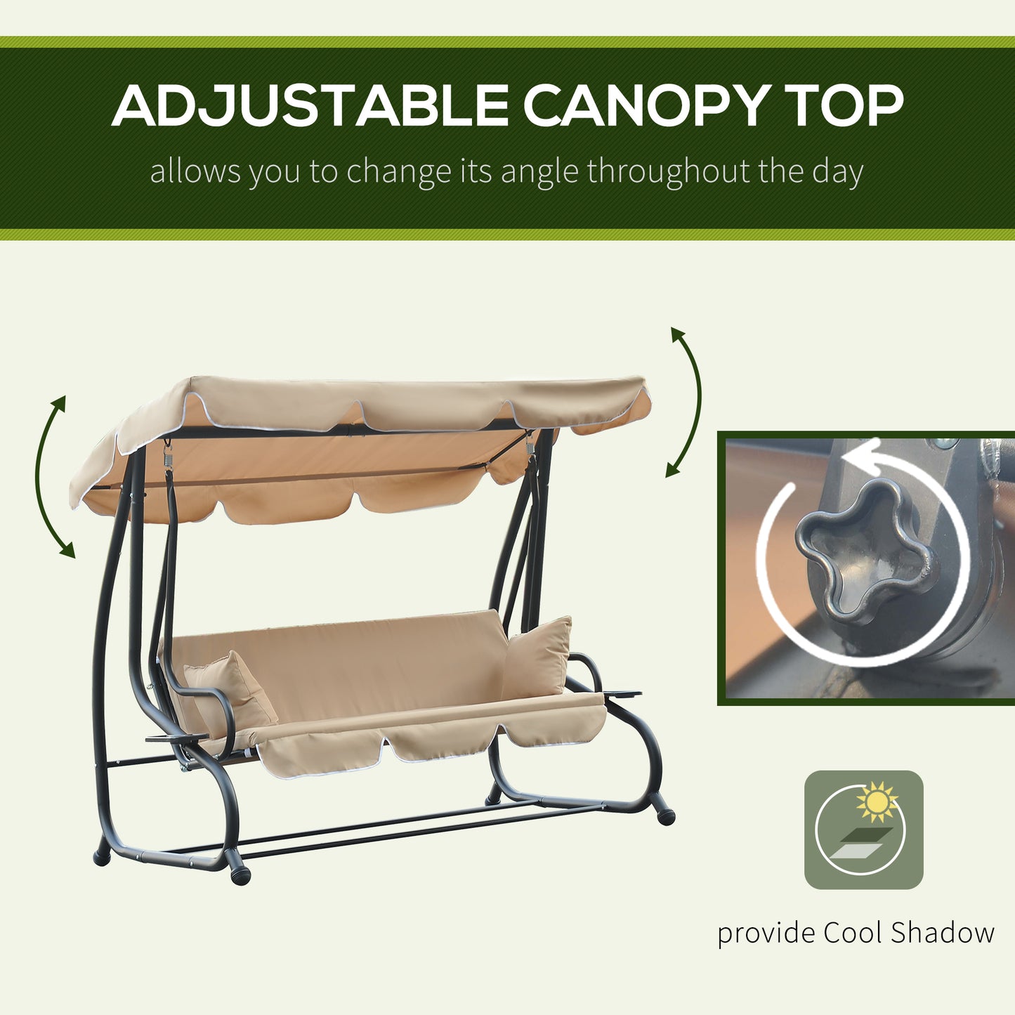 3-Seat Outdoor Patio Swing Chair, 2-in-1 Convertible Flat Bed, Canopy Swing with Adjustable Shade, Removable Cushions, Cup Holder, Beige