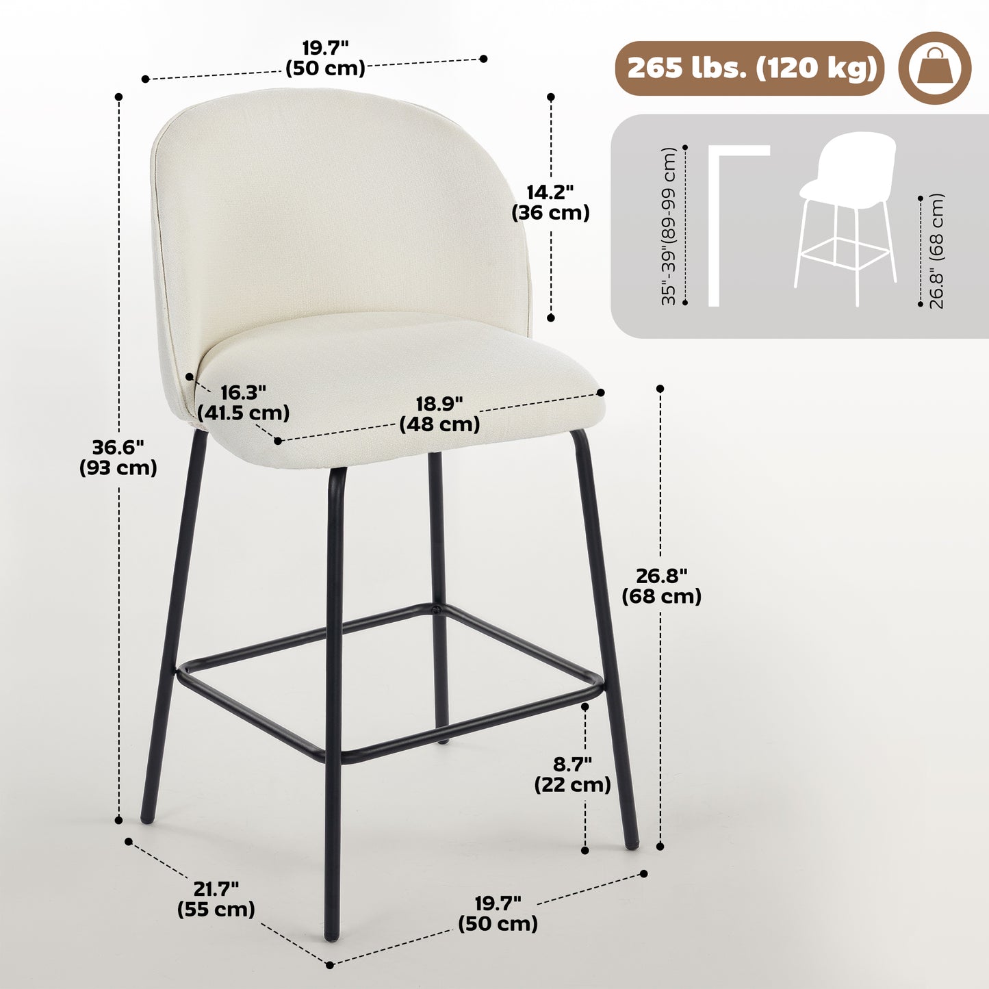 Set of 2 Counter Height Barstools, Upholstered Linen Bar Stools with Backrest, Footrest and Steel Legs, Cream White