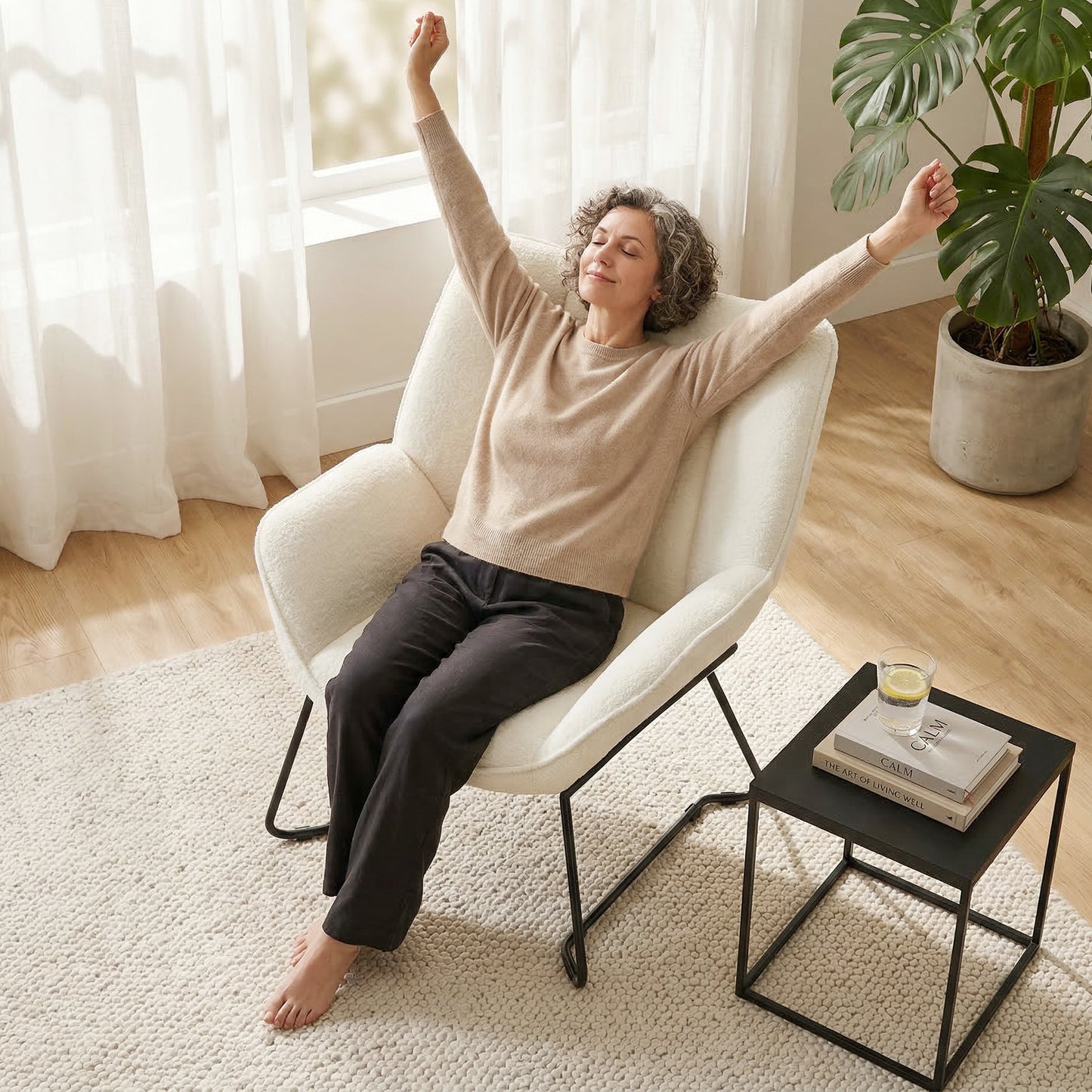Accent Chair, Sherpa Fleece Armchair with Wide Backrest and Metal Legs, White