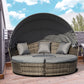 4 Pieces Outdoor Daybed with Retractable Canopy, Wicker Lounger Bed, Conversation Furniture Set, Dark Blue