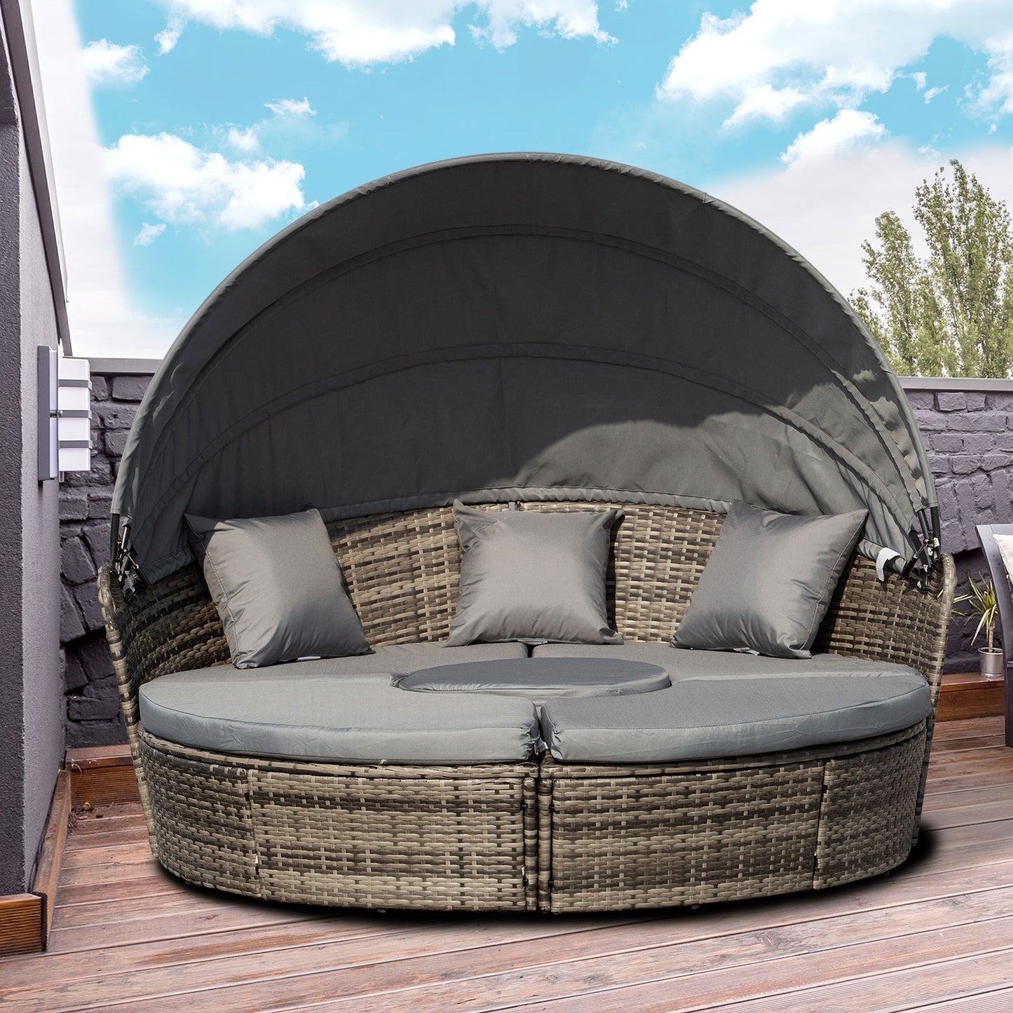 4 Pieces Outdoor Daybed with Retractable Canopy, Wicker Lounger Bed, Conversation Furniture Set, Dark Blue