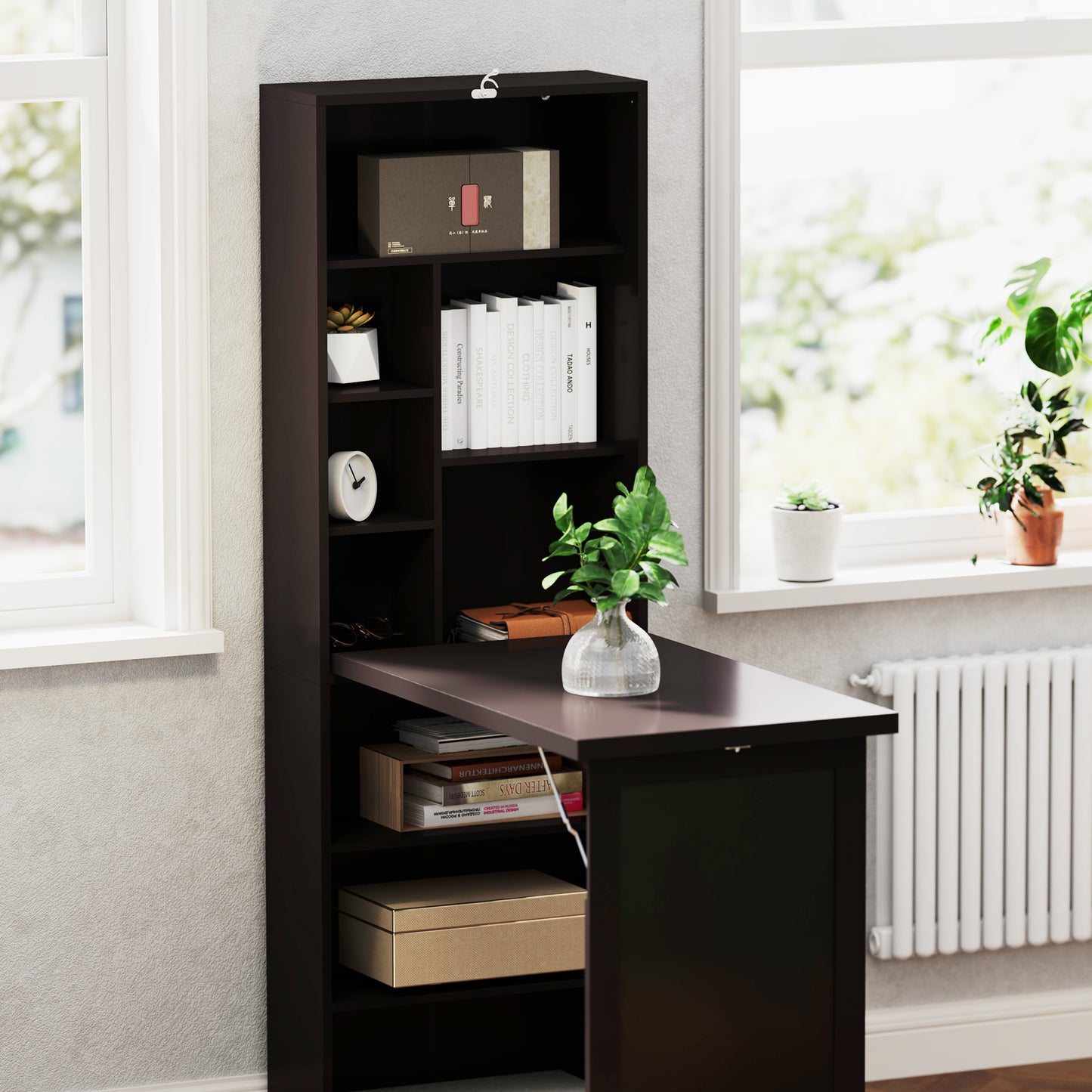 Fold-out Convertible Office Desk, Wall Mount Computer Desk with Blackboard and Side Shelf, Brown