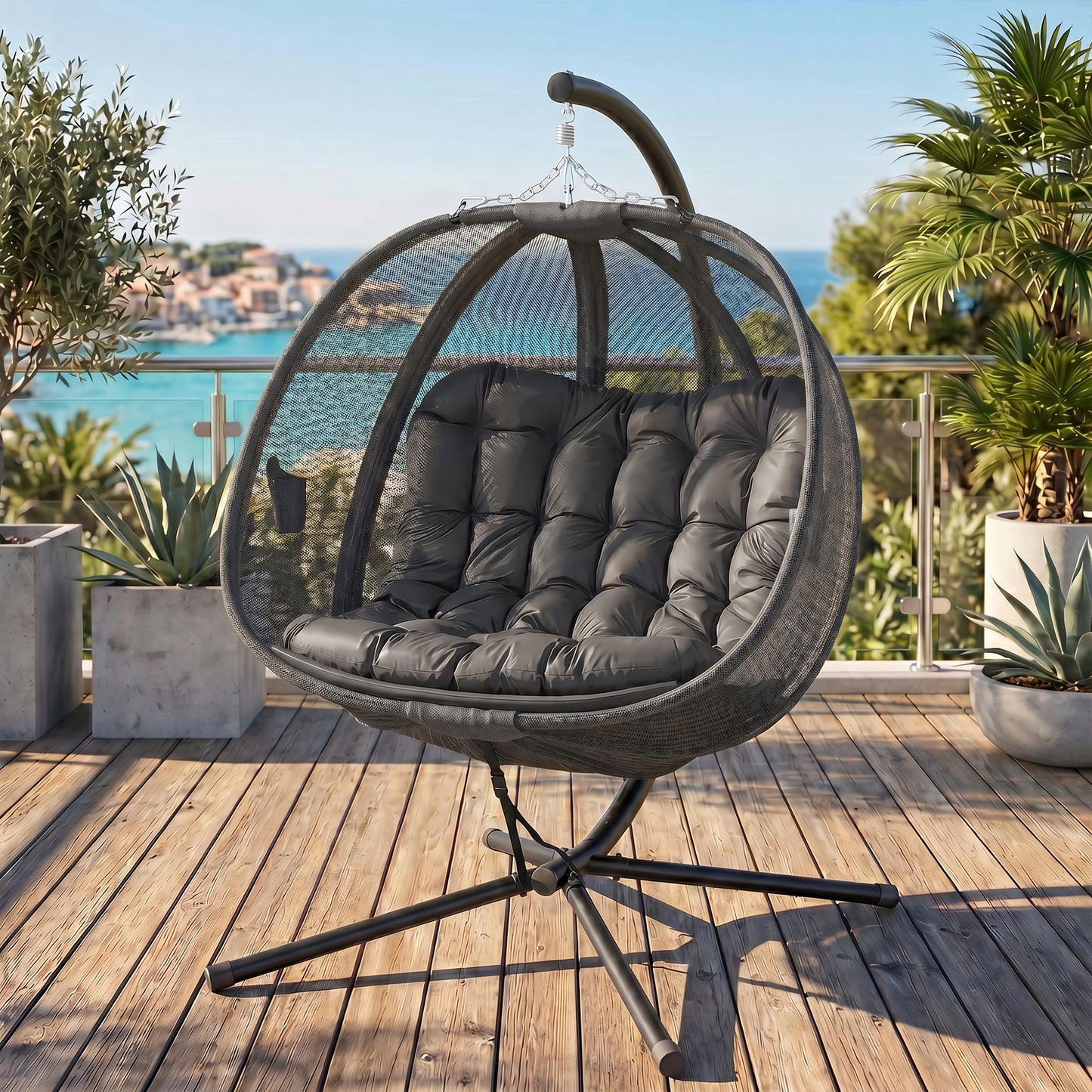 Double Egg Chair with Stand, 2 Person Hanging Swing Egg Chair with Cushion, Pockets, Grey