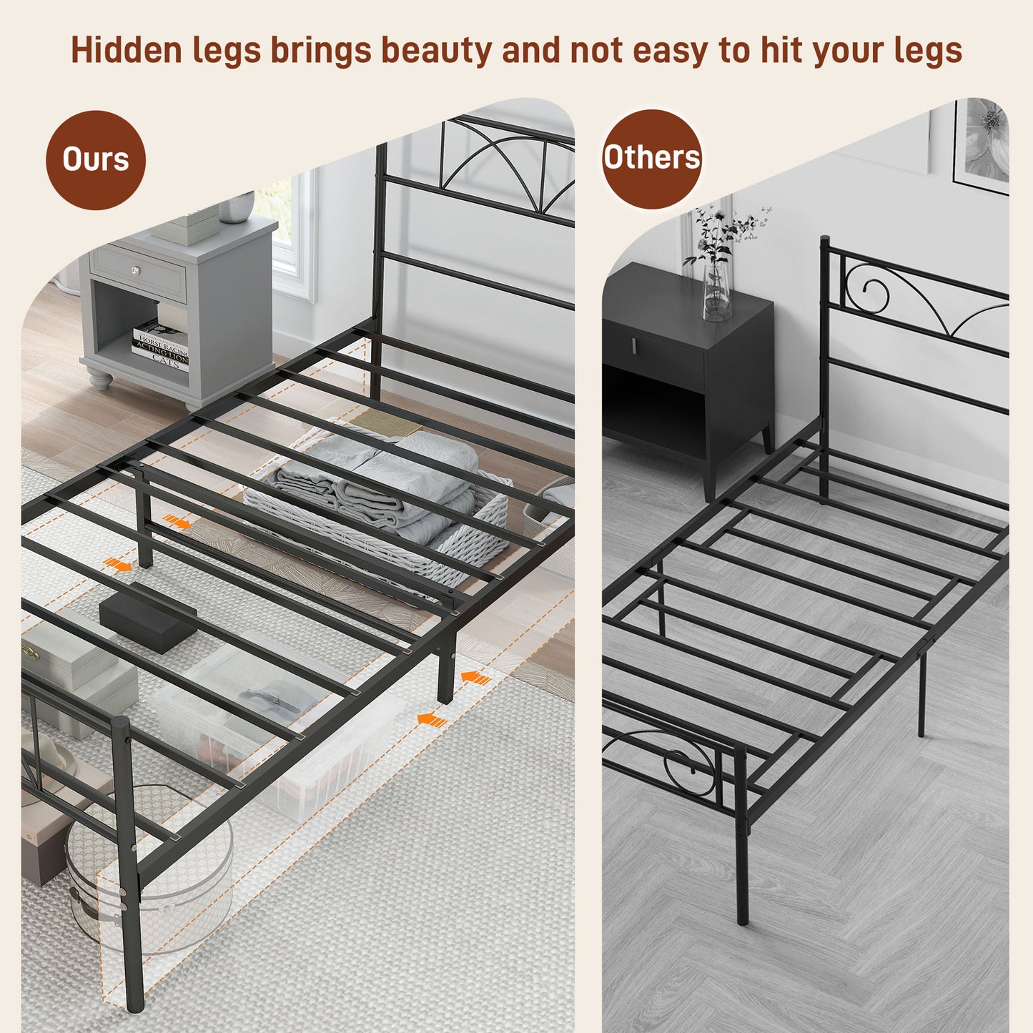 Metal Twin Platform Bed Frame with Headboard, Steel Slat Support, Underbed Storage, No Box Spring Needed, Easy Assembly