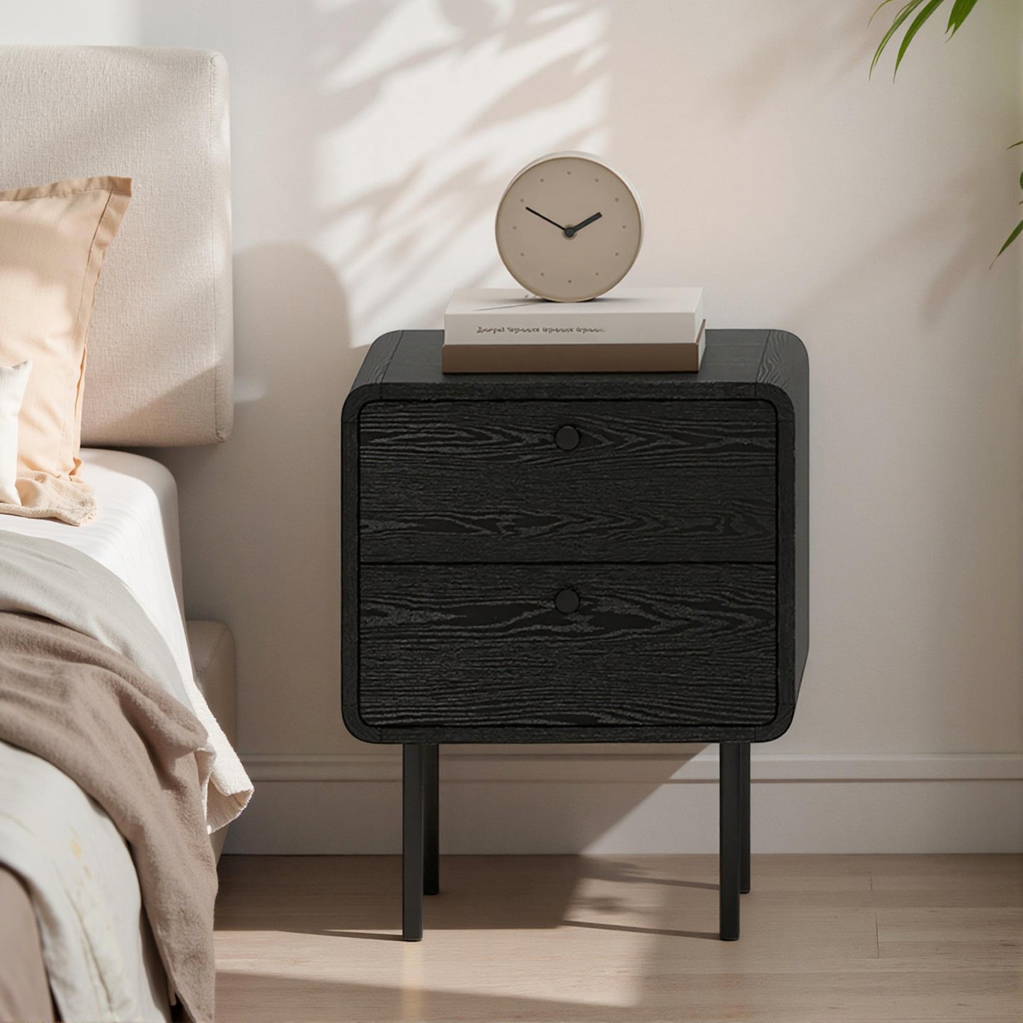 Modern Bedside Tables Set of 2, 2 Pieces Nightstands with 2 Storage Drawers and Steel Legs for Bedroom, Black Wood Grain