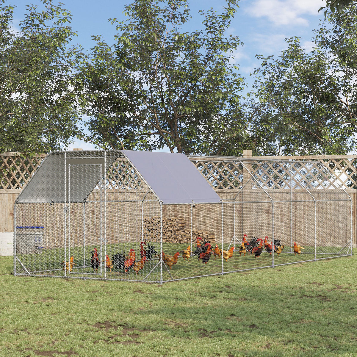 Chicken Run Outdoor, Galvanized Large Metal Chicken Coop Cage, Walk-in Enclosure Poultry Hen Run House Playpen Rabbit Hutch with Flat Roof, Cover - 9.2' x 24.9' x 6.5'
