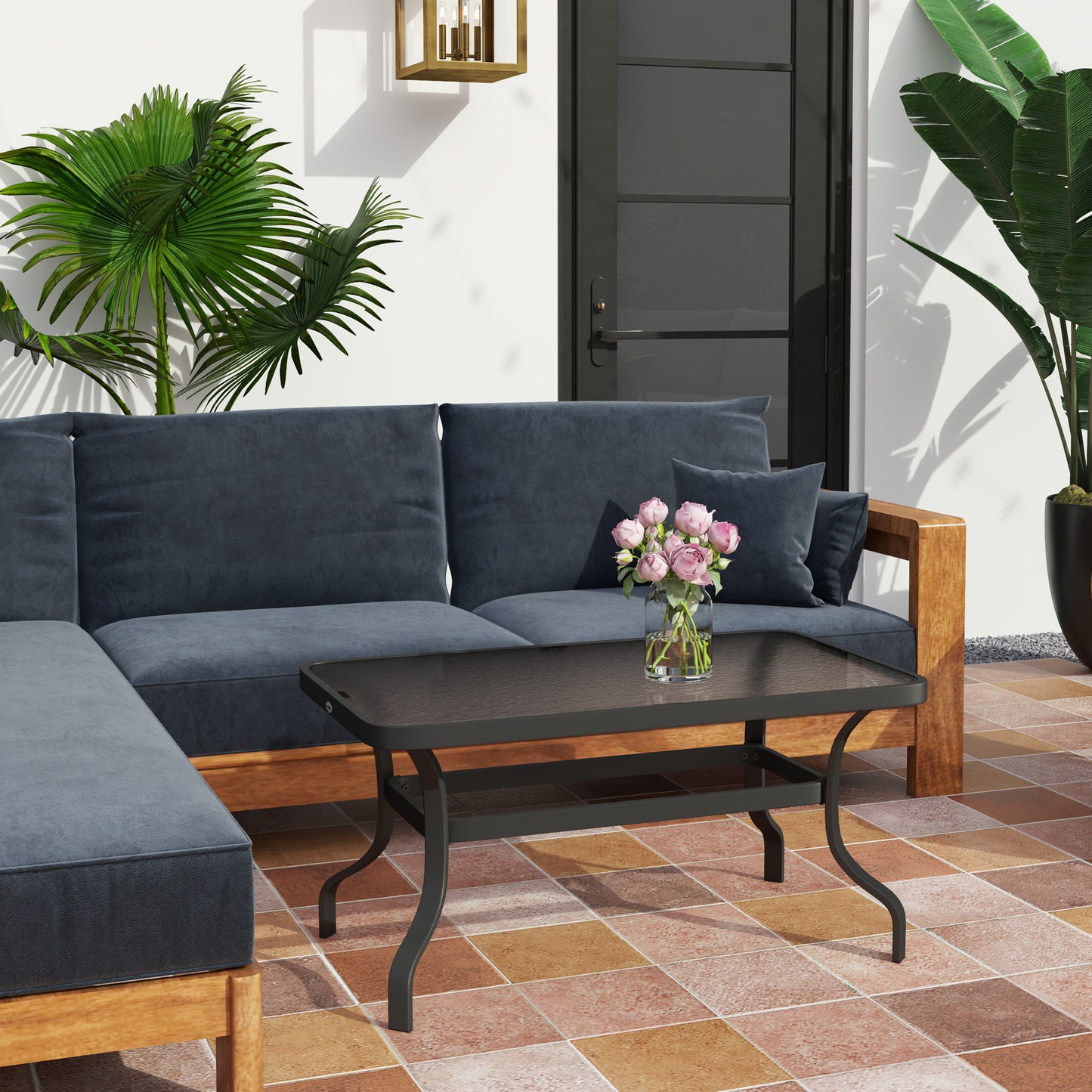 37" Patio Coffee Table with Tempered Glass Top, Outdoor Coffee Table with Metal Frame, Black