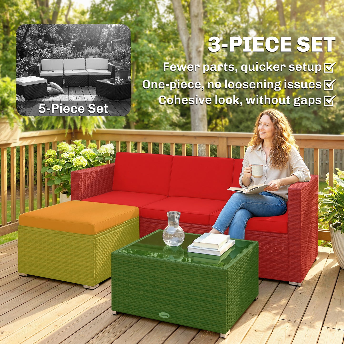 3 Pieces Patio Furniture Set with Cushions, Outdoor PE Rattan Wicker Conversation Corner Sofa Set with Glass Top Table