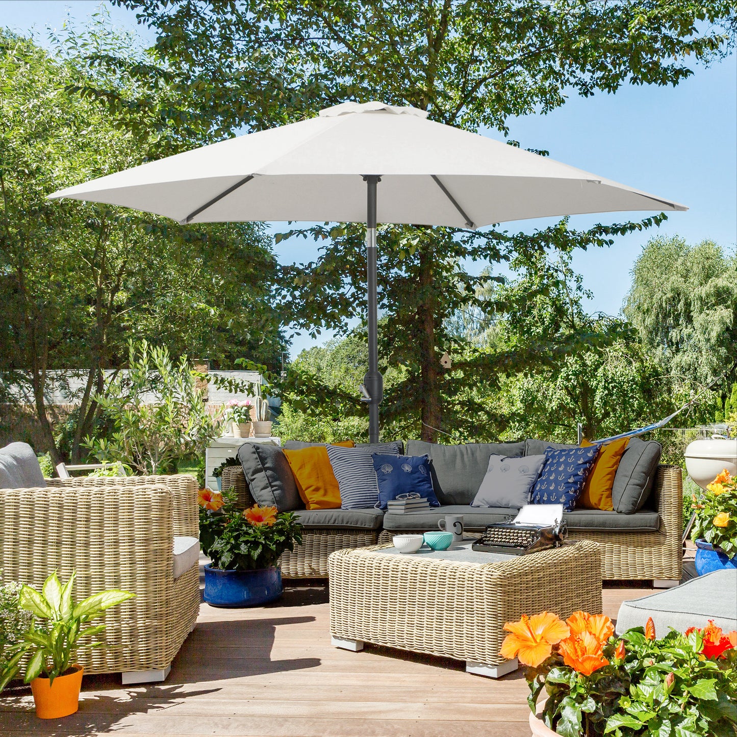 8.5' Cream White Round Aluminum Parasol with Crank Handle