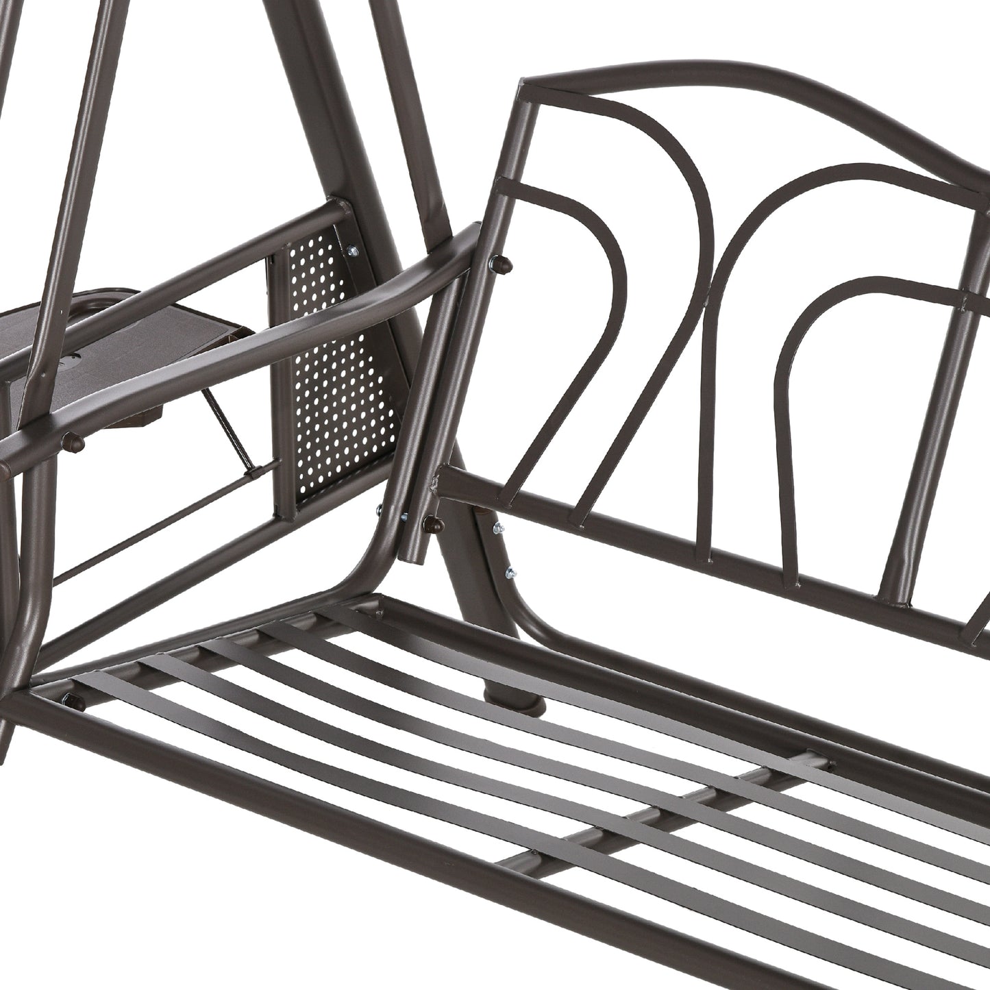 Outdoor Patio 3-Person Steel Canopy Cushioned Seat Bench Swing with Included Side Trays & Padded Comfort, Wine Red