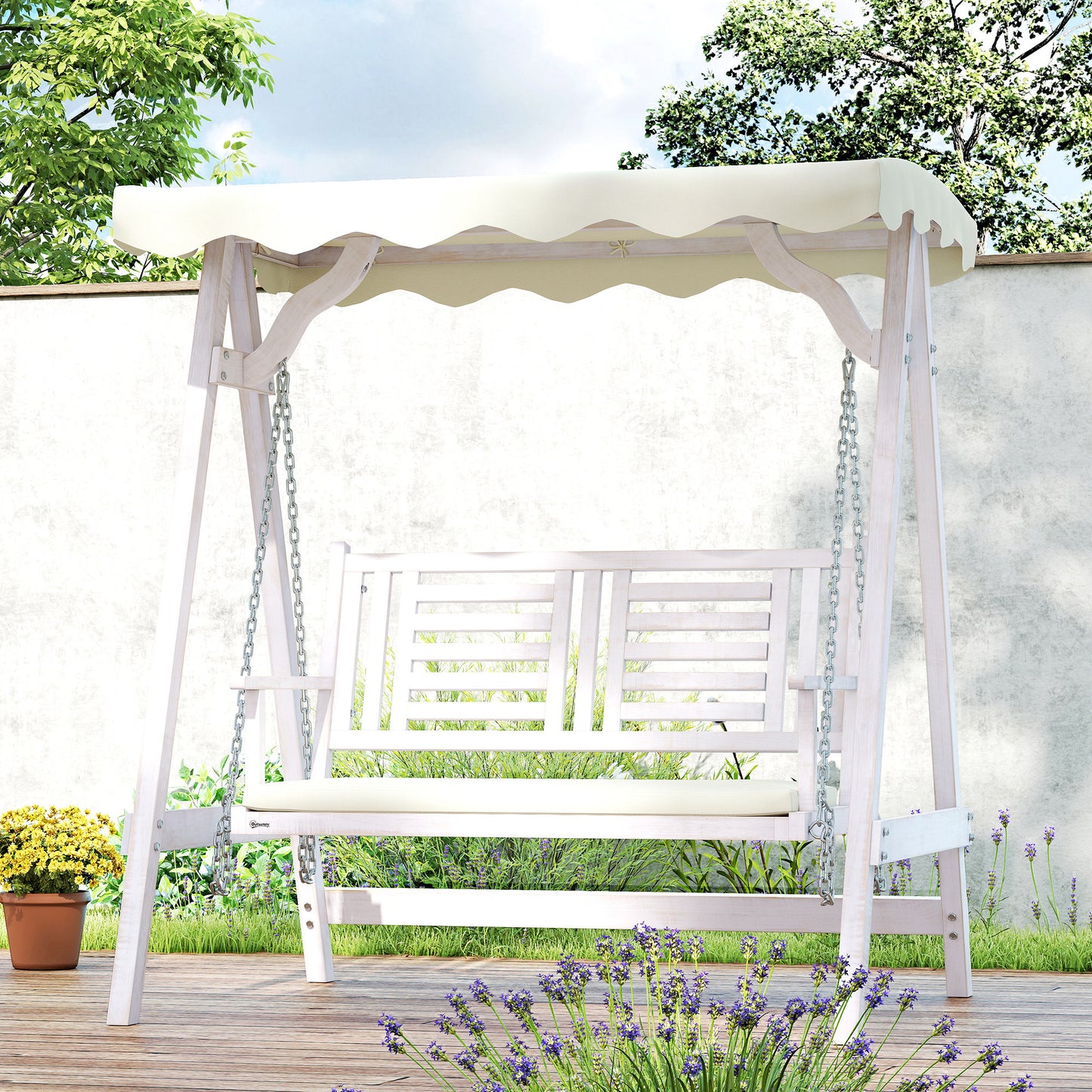 2 Seater Patio Swing with Stand, Canopy and Cushion, Outdoor Swing Chair Wooden Swinging Bench