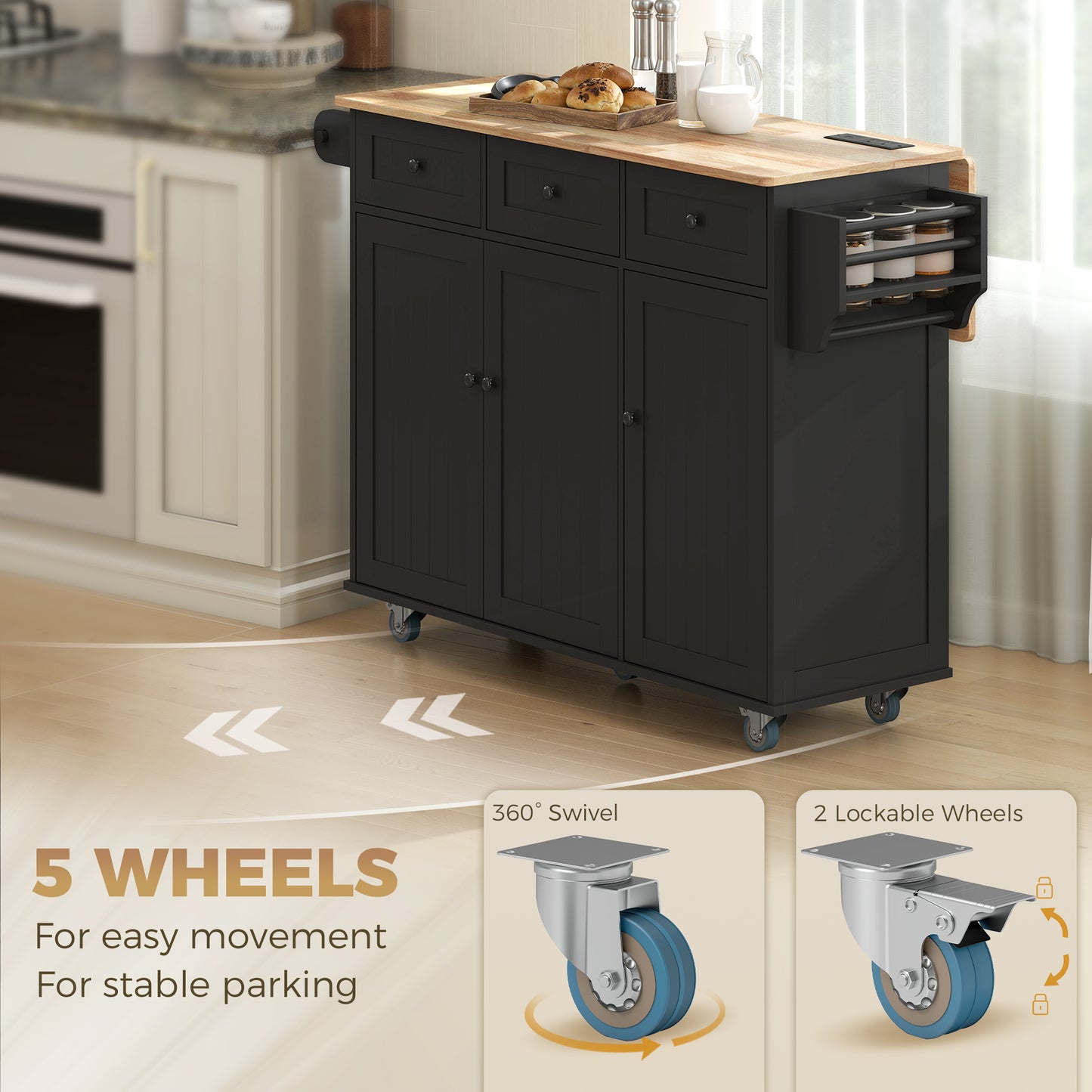 Kitchen Island on Wheels with Drop Leaf, Charging Station, Rolling Kitchen Cart with Wood Top, Adjustable Shelf, Black