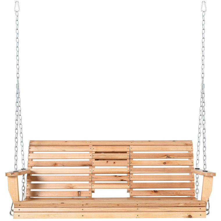 3-Seater Wood Porch Swing with Foldable Table & Cup Holders
