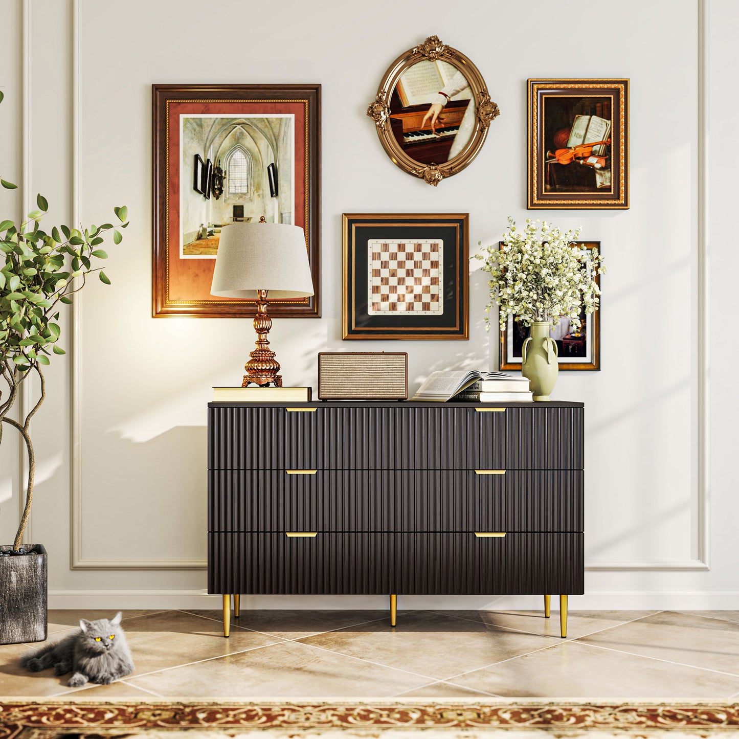 Modern Chest of Drawers 6 Drawer Dresser for Bedroom with Gold Legs and Handles, Black