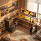 Gaming Desk with Power Outlets LED Lights Computer Desk with Drawers Monitor Stand 61" Rustic Brown