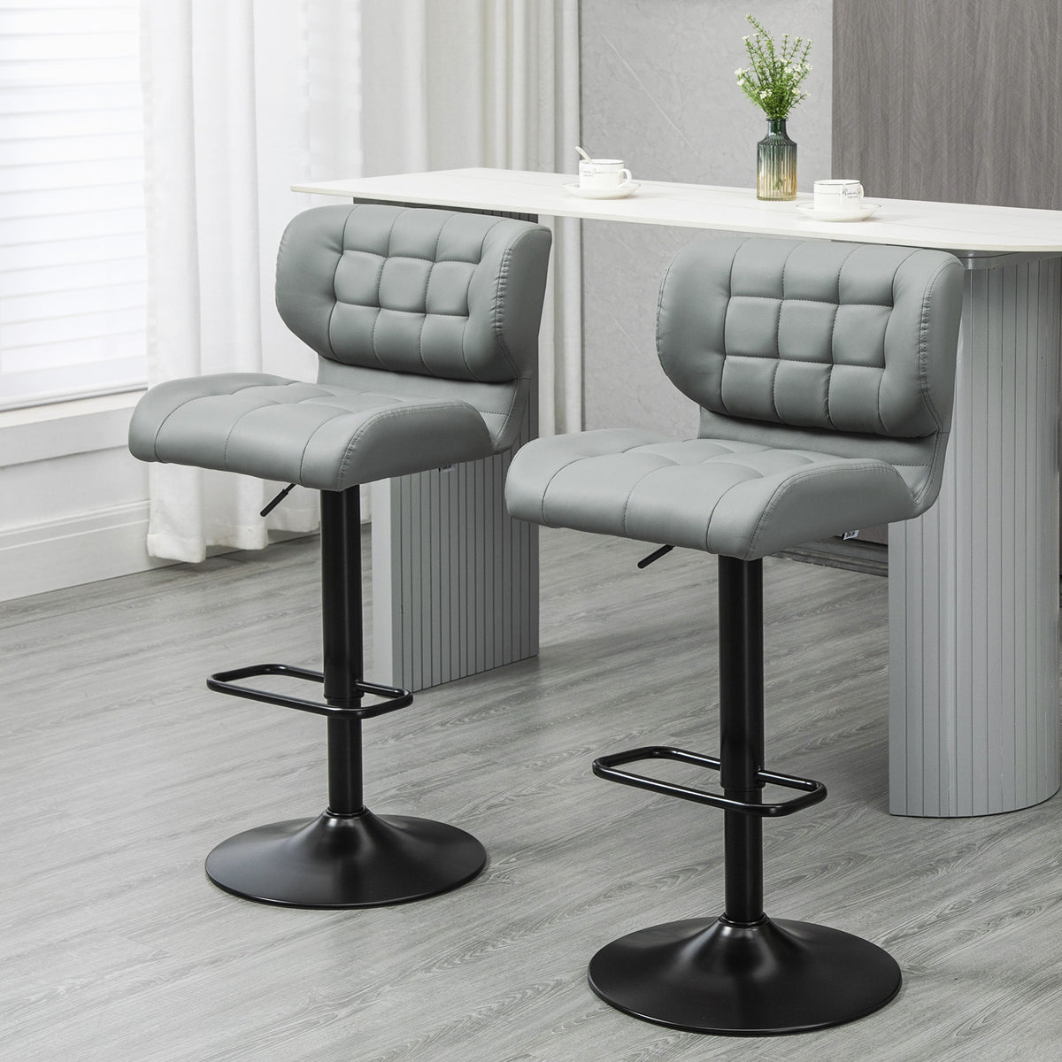 Swivel PU Leather Barstools Set of 2 Adjustable Bar Stools with Footrest Back for Kitchen Counter Dining Room Grey