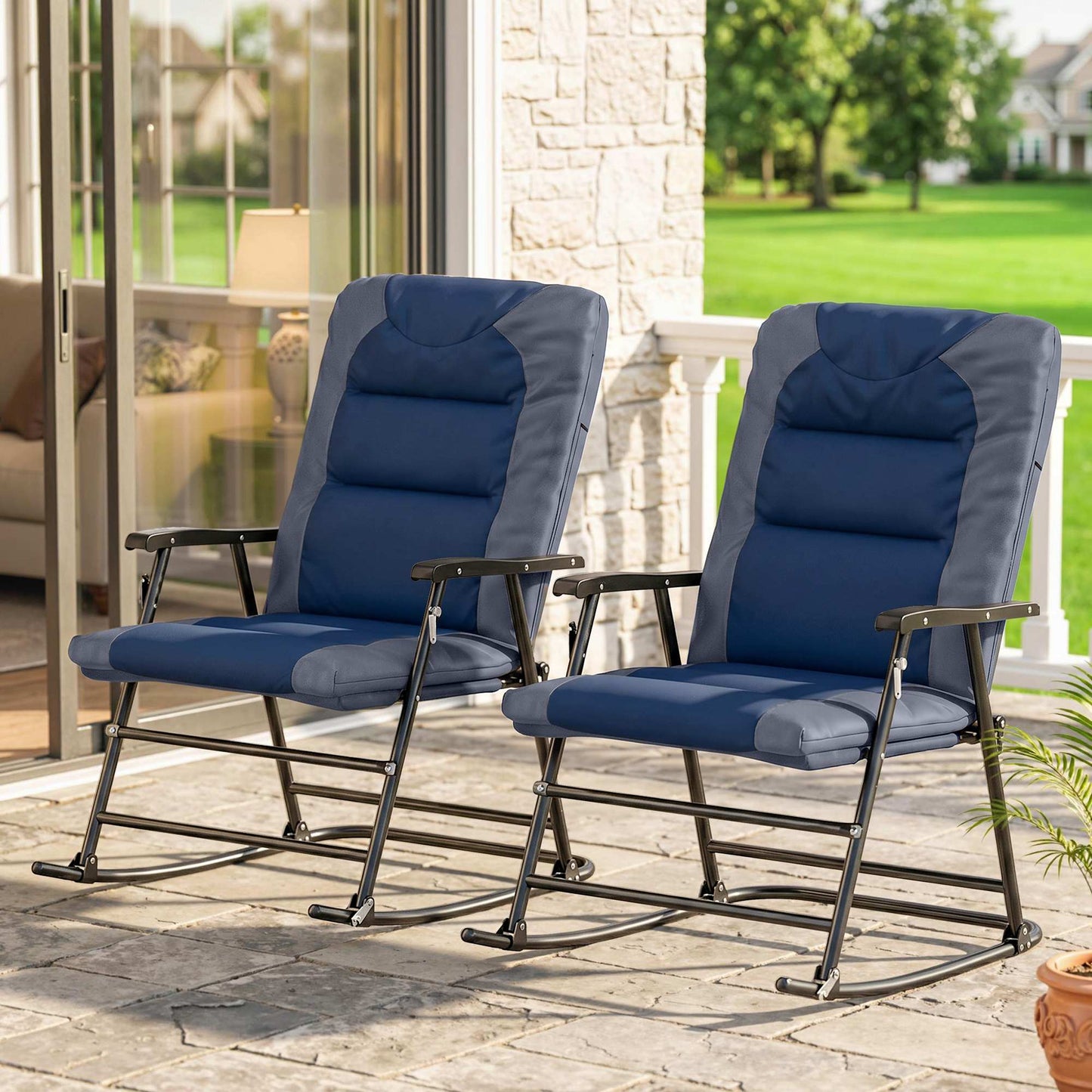 Folding Rocking Chair Set of 2 Padded Rockers with Armrest, Navy Blue