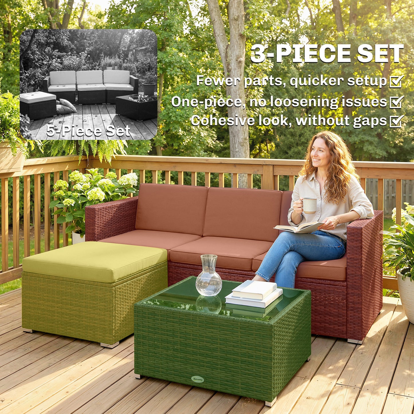 3 Pieces Patio Furniture Set with Cushions, Outdoor PE Rattan Wicker Conversation Corner Sofa Set, Light Green