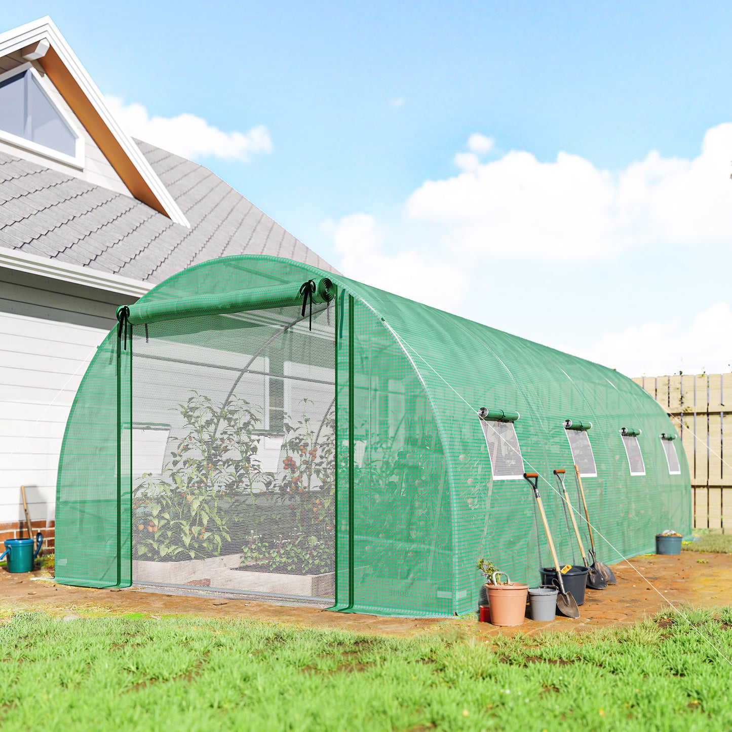 Walk-in Tunnel Greenhouse with 2 Support Rods, Mesh Door, Plant Hot House with PE Cover, 20'x10'x7', Green