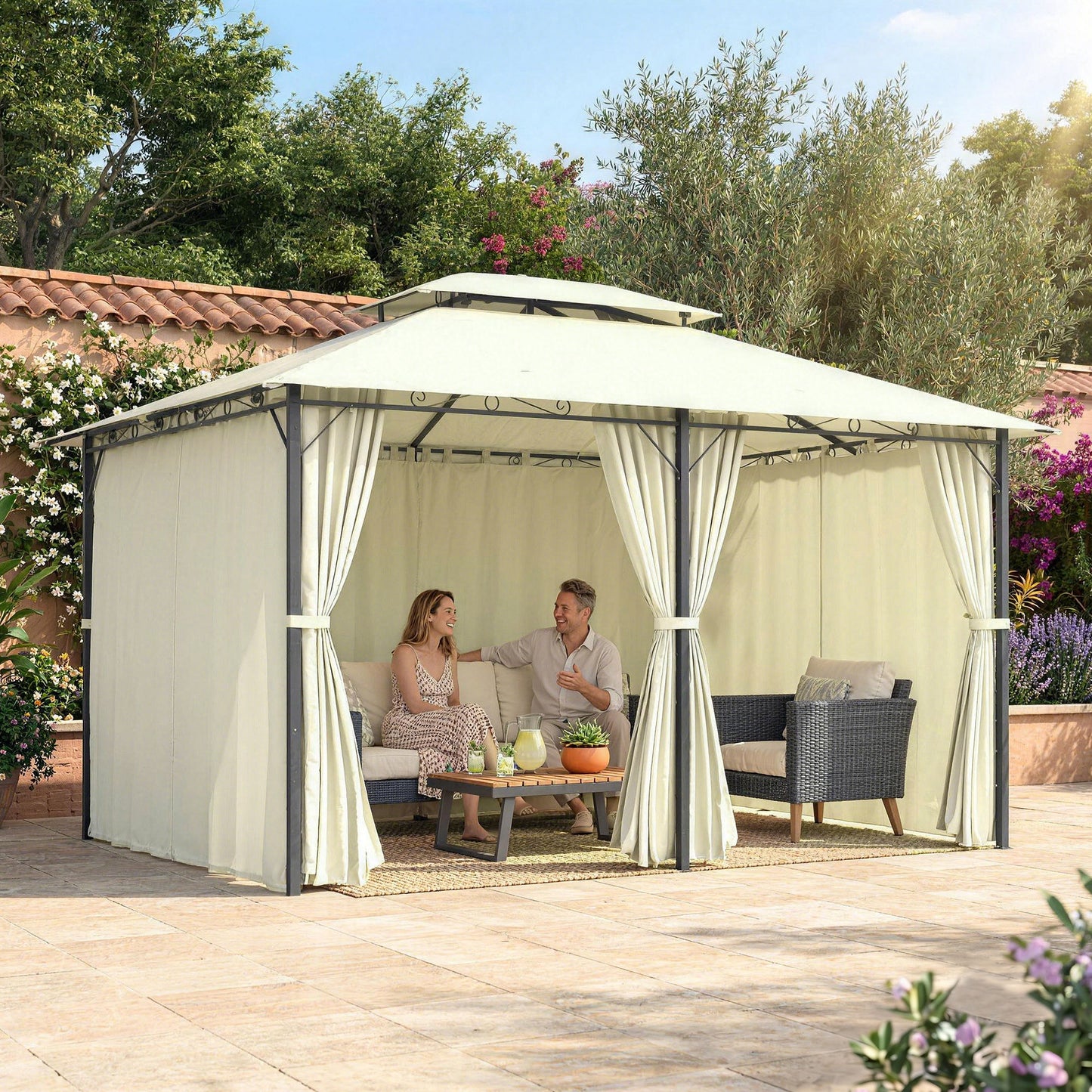 13' x 10' Soft-top Gazebo Patio Steel Canopy Portable Party Event with Double Canopy Roof, Curtains, Cream White