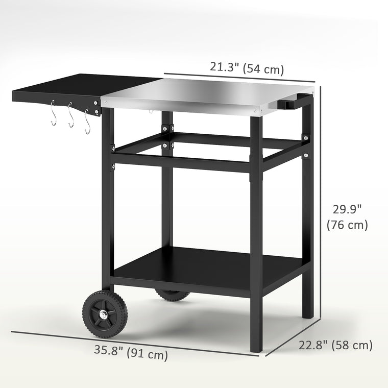 Black Pizza Oven Stand with Steel Top & Foldable Table