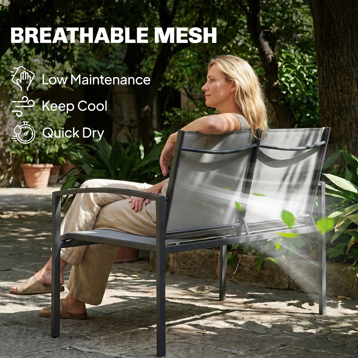 Outdoor Garden Bench, 44 in Metal Patio Garden Park Bench with Breathable Mesh Fabric, 528 lb Load Capacity, Grey