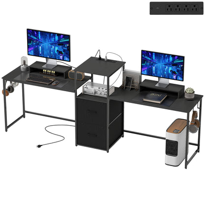 96" Dual Gaming Desk with Power Outlets and Monitor Stands - Black