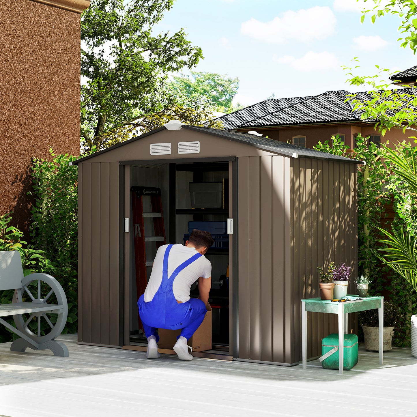 7' x 4' x 6' Garden Storage Shed Outdoor Patio Metal Tool Storage House w/ Foundation Kit and Double Doors Brown