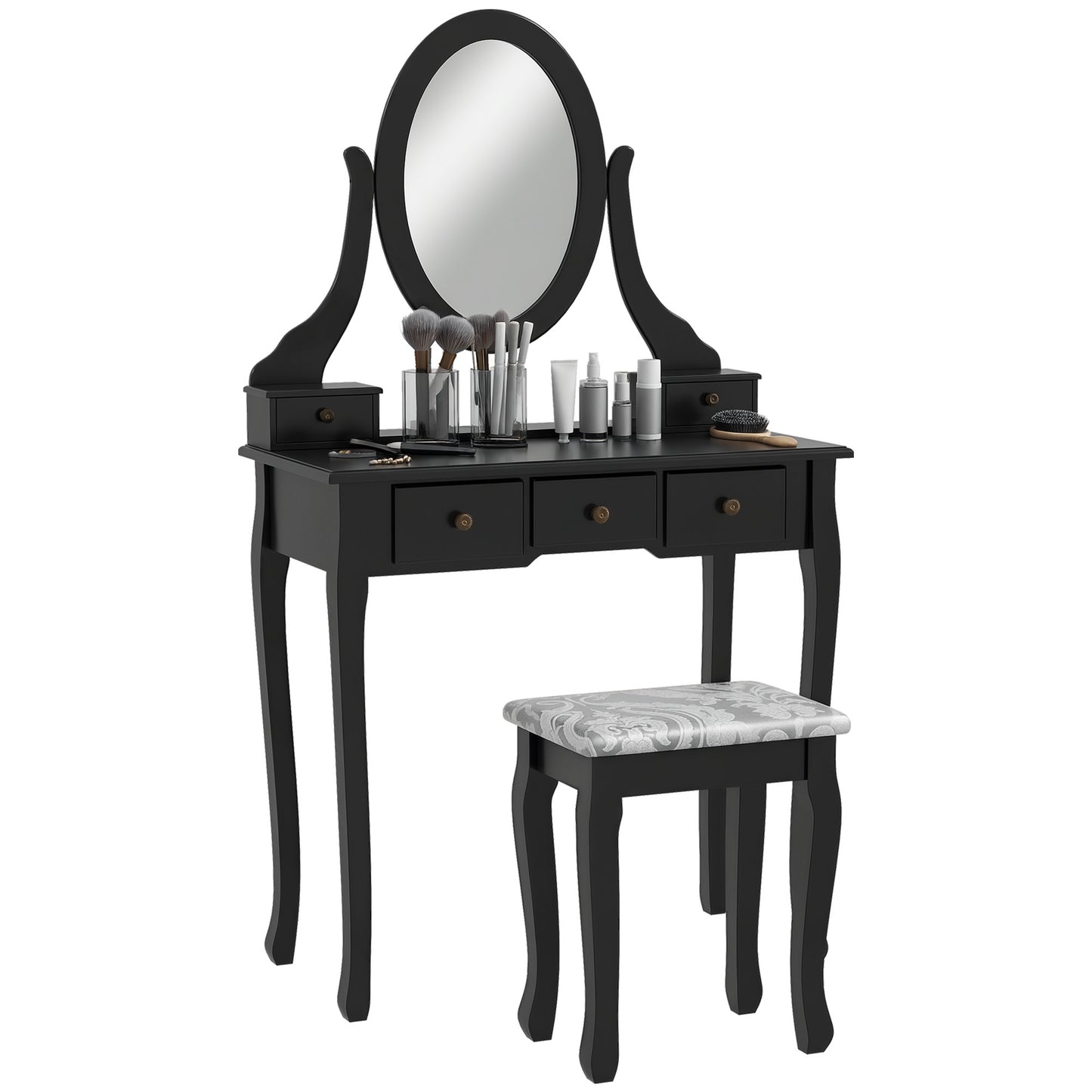 Vanity Desk with Stool, Makeup Vanity with 360° Rotating Oval Mirror, 5 Drawers and Padded Seat, Dressing Table for Bedroom, Black