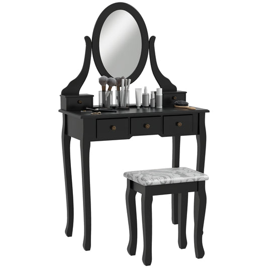 Vanity Desk with Rotating Mirror, 5 Drawers and Stool - Black