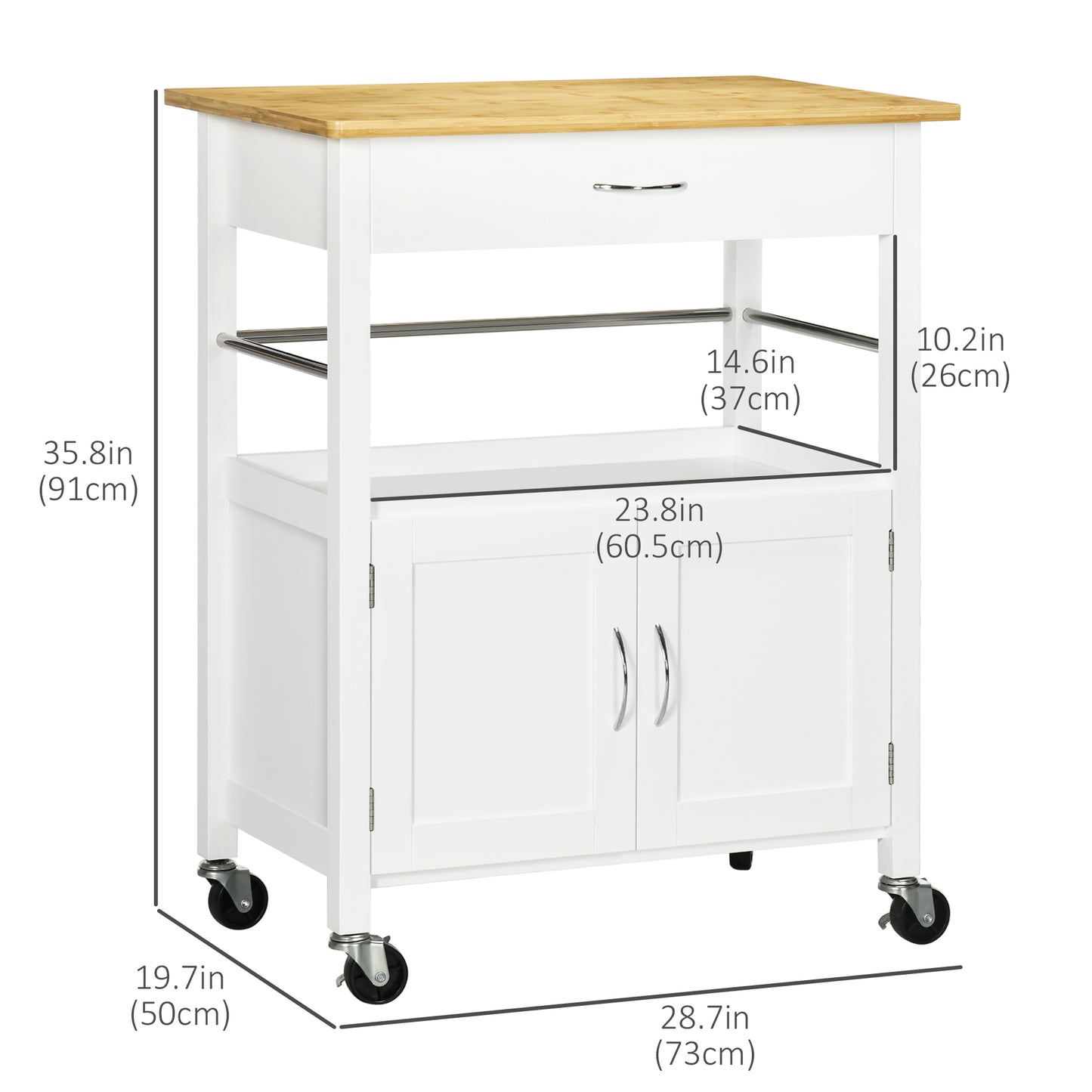 Kitchen Cart, Utility Trolley, Small Kitchen Island with Storage Drawer & Side Hooks for Dining Room, White