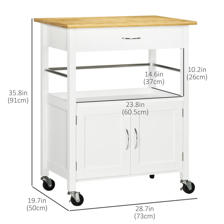 Kitchen Cart with Storage Drawer and Side Hooks - White