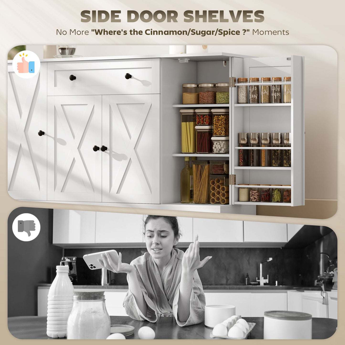 Sideboard Buffet Cabinet, Farmhouse Coffee Bar Cabinet with Door Shelves, Adjustable Shelves, Drawer, Barn Doors, White