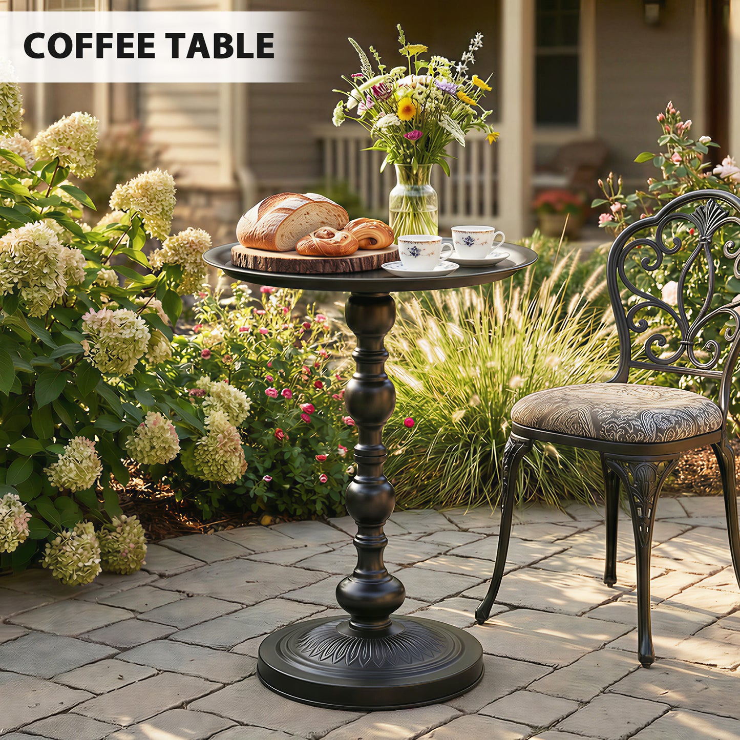 15.4" Round Outdoor Side Table, Tray Top Metal Patio Table with Retro Column Base for Indoor, Balcony, Garden, Black