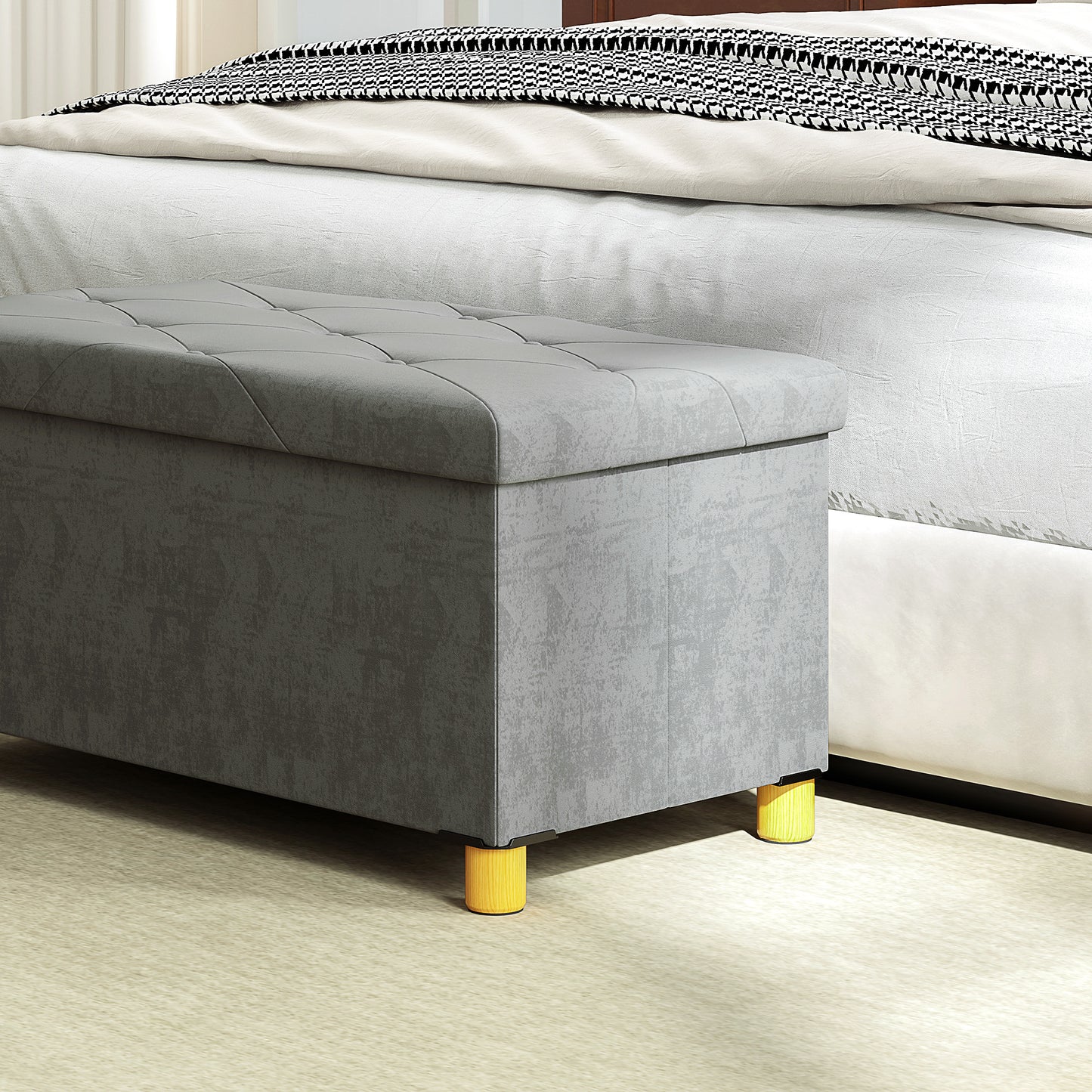 Storage Ottoman Bench, Velvet Upholstered Foldable Ottoman Footrest, Foot Stool with Wood Legs for Living Room, Bedroom