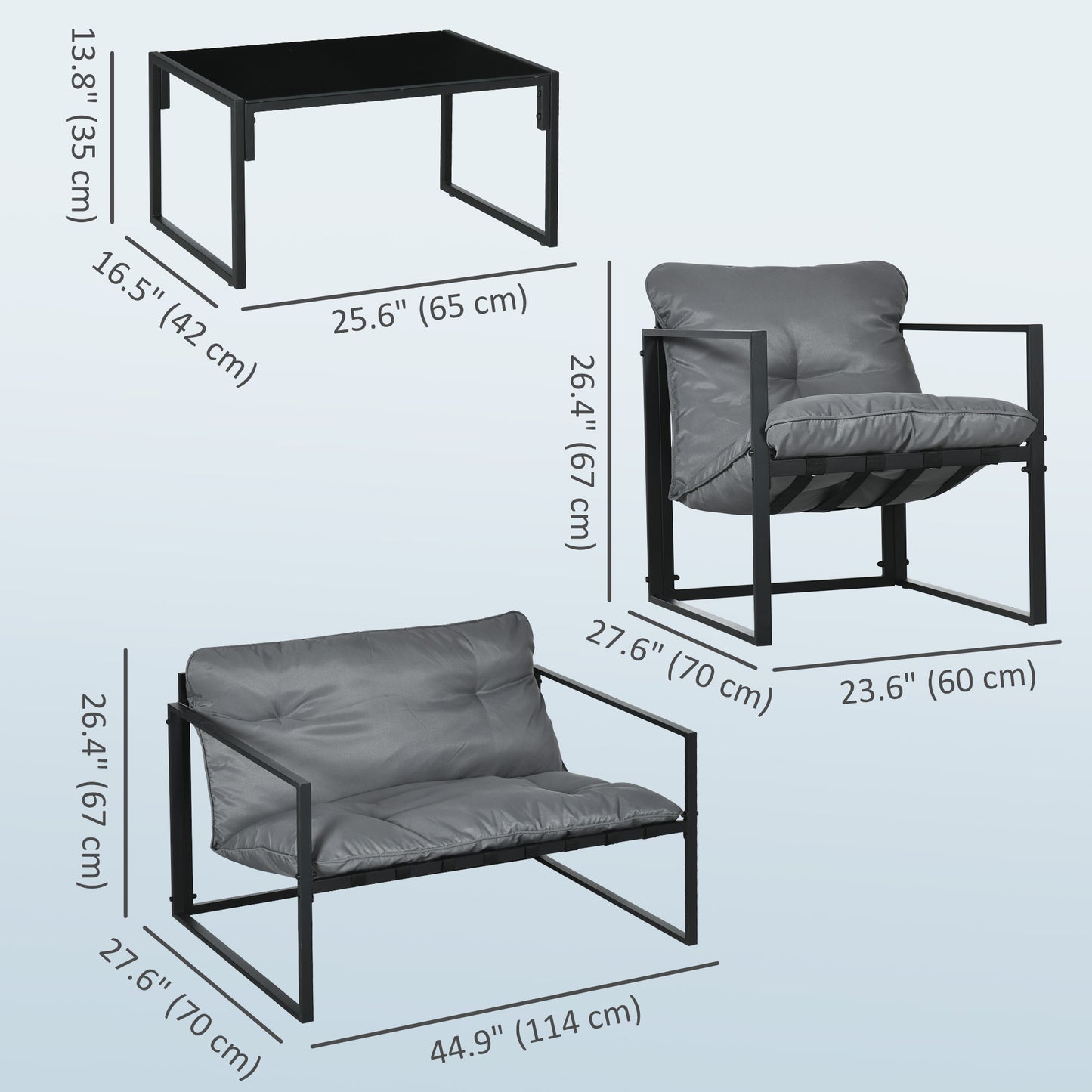 4 Piece Outdoor Furniture Set, Patio Conversation Set with Tempered Glass Table, Loveseat, Chairs, Cushions, Light Grey