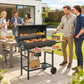 Charcoal BBQ Grill with Foldable Shelves, Barbecue Grill with Warming Rack, Thermometer, Wheels, Natural Wood and Black