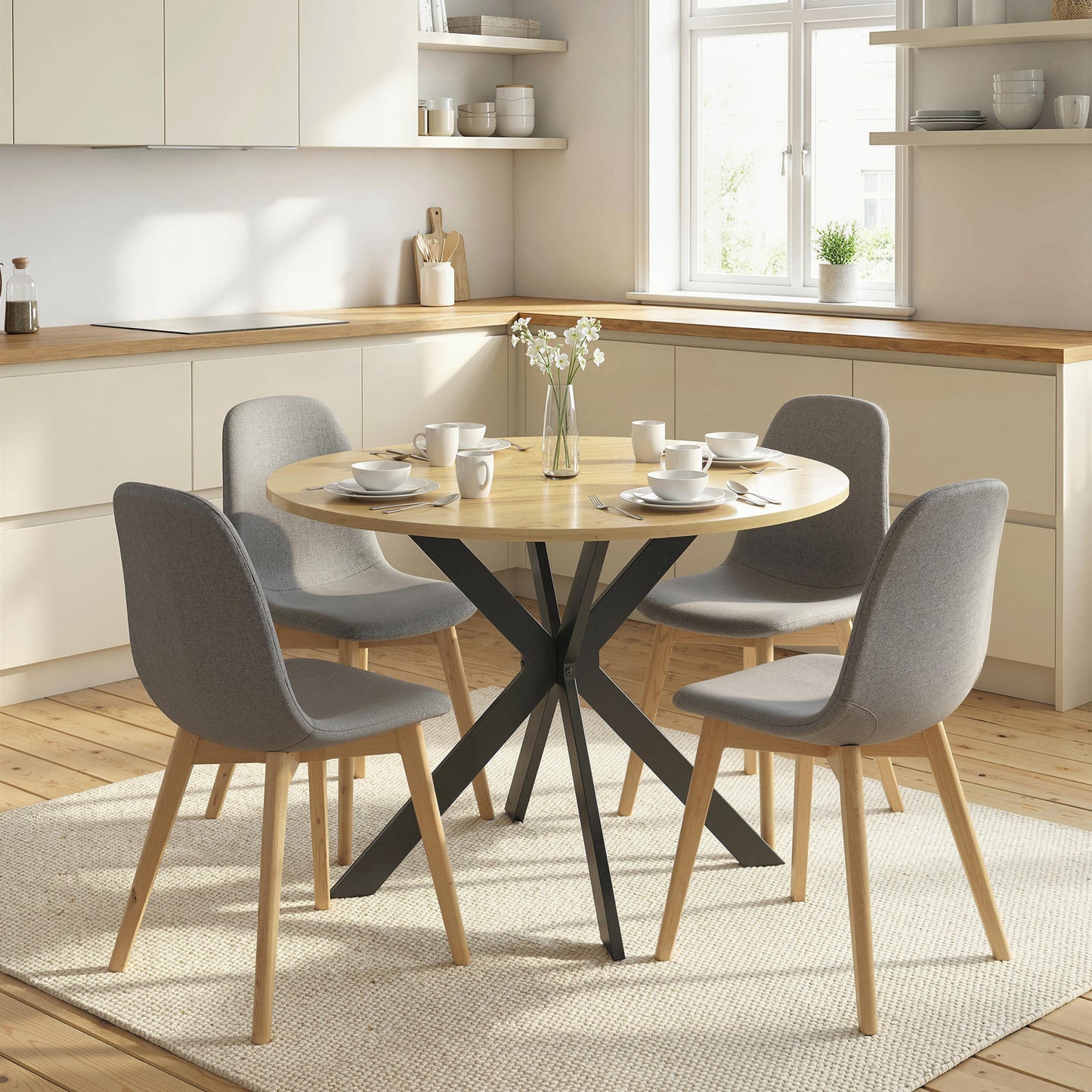 39" Dining Table, Contemporary Round Kitchen Table with Steel Legs, Brown Wood Grain