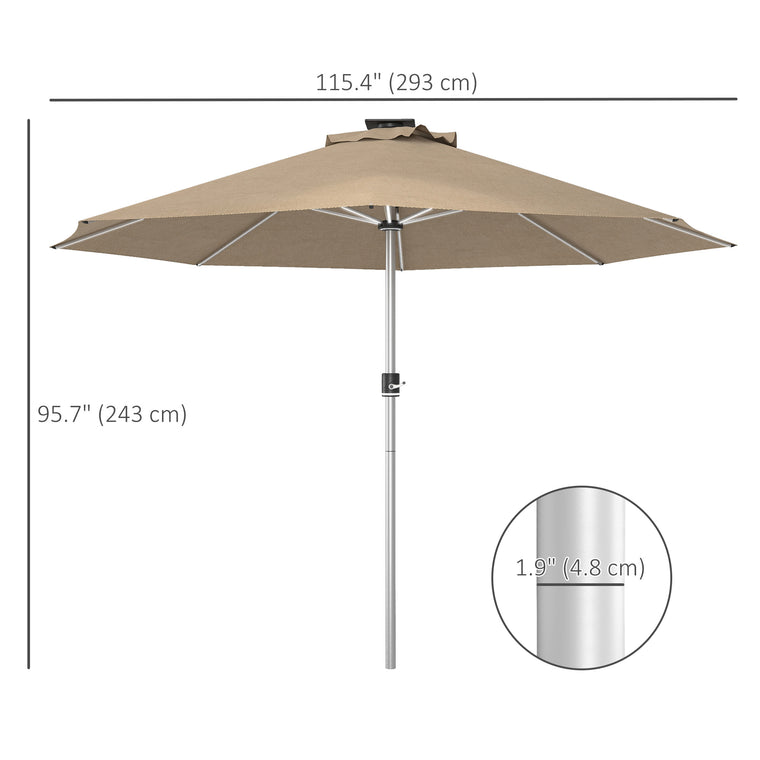 Khaki LED Patio Umbrella with 4 Modes, Solar & USB Charging