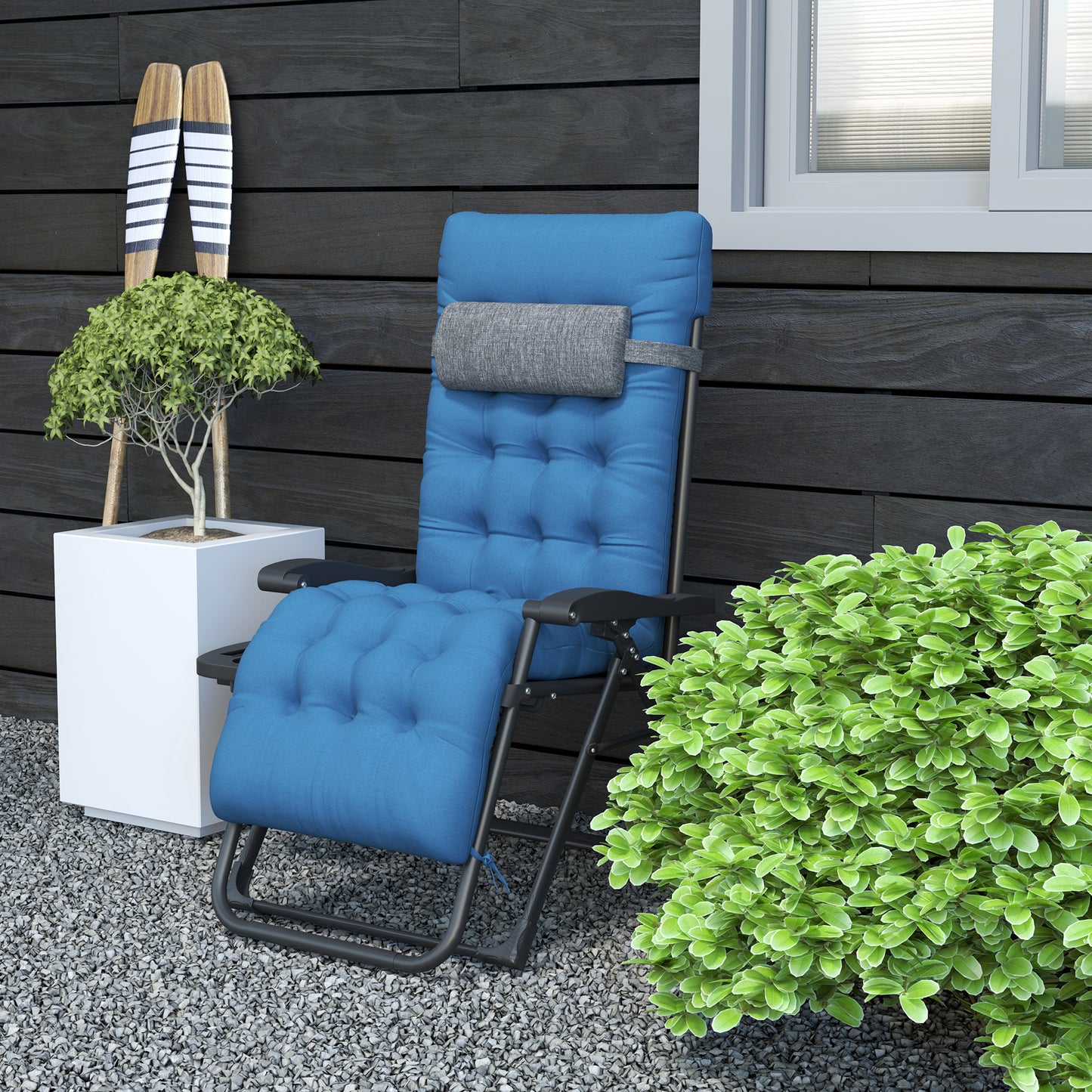 Padded Folding Recliner Chair, Patio Lounger with Cupholder, Adjustable Backrest, Removable Cushion, Navy Blue
