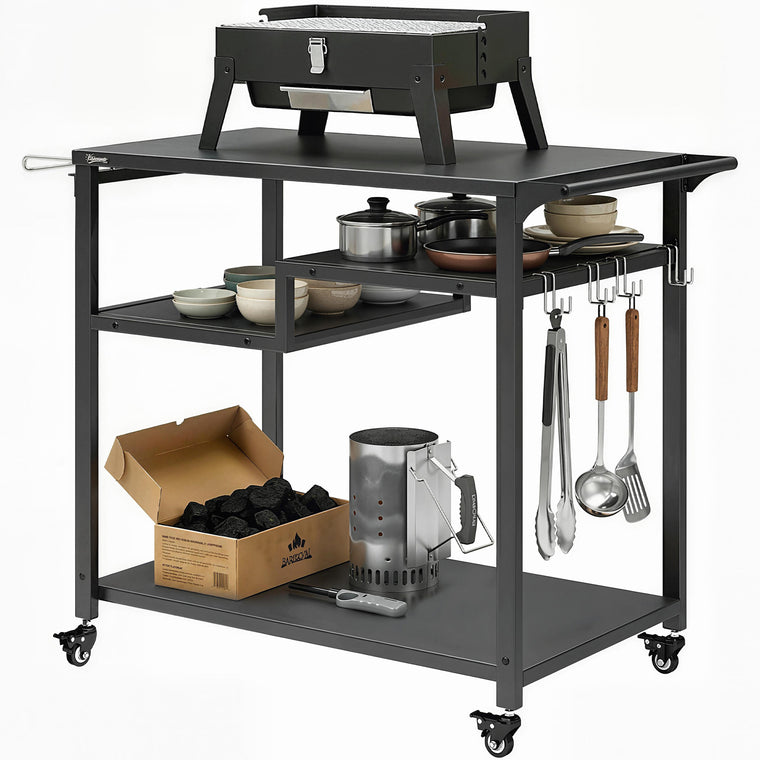 Black 3-Shelf Pizza Oven Stand with Hooks & Wheels