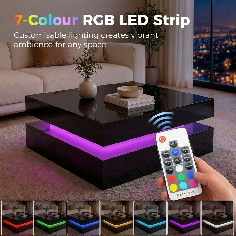 2-Tier LED Coffee Table with Open Shelf and Remote