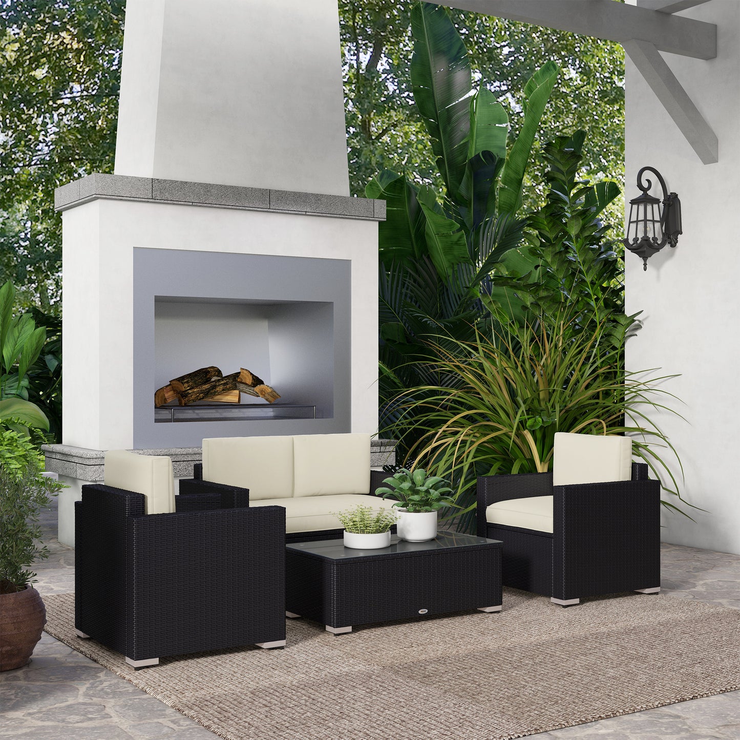 Outdoor Furniture with Table, Wicker Furniture with Loveseat and 2 Chair for Garden, Poolside, Cream