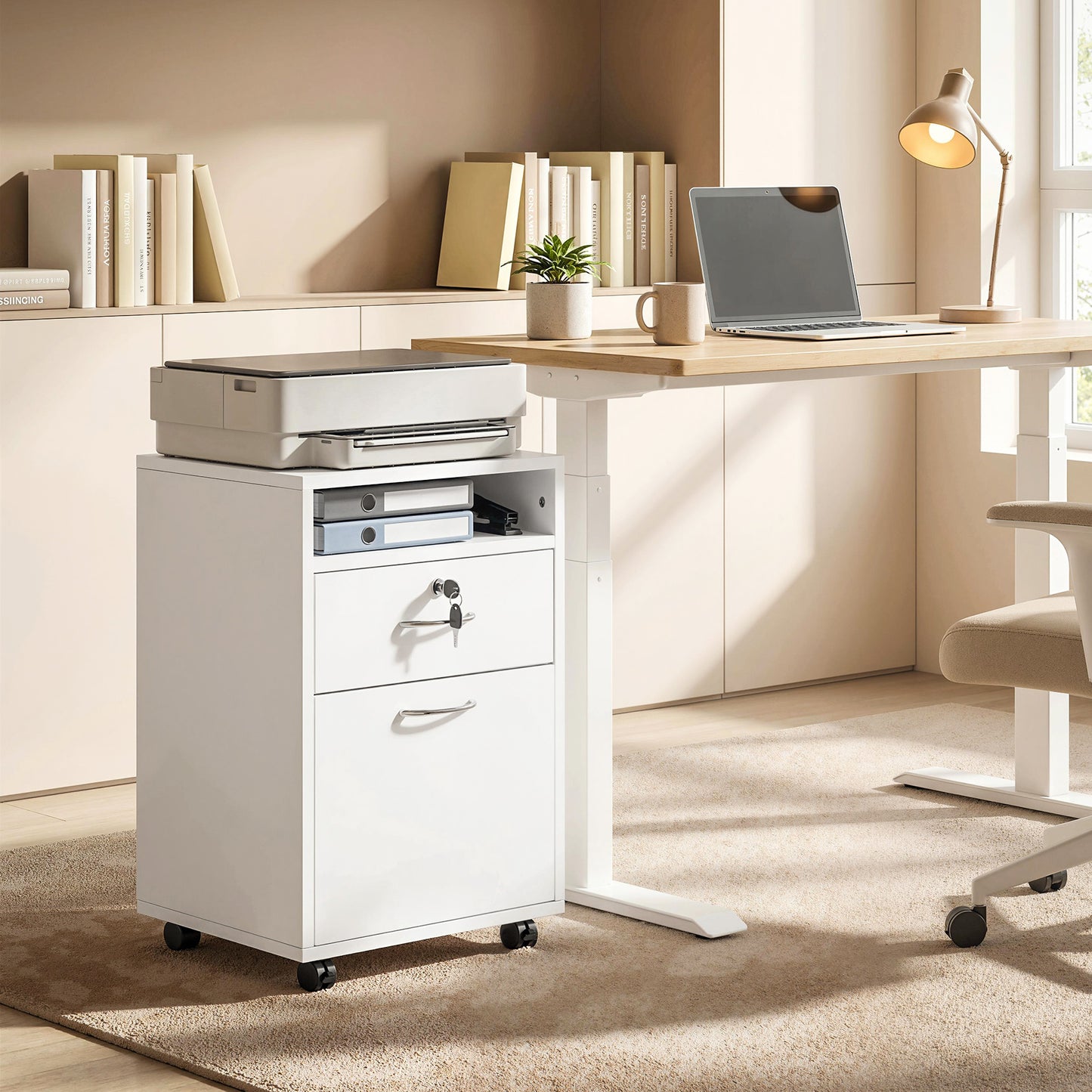 24" Vertical Filing Cabinet with Lockable Drawer, Mobile File Cabinet with 2 Keys, Wheels for Home Office, White
