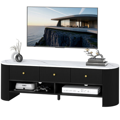 Marble-Effect TV Stand with 3 Drawers, Up to 65" - Black